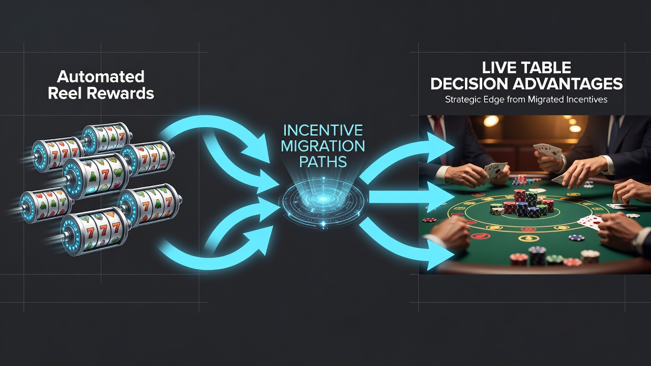 Diagram showing incentive flows from automated slot reels to live dealer table environments with connected reward pathways