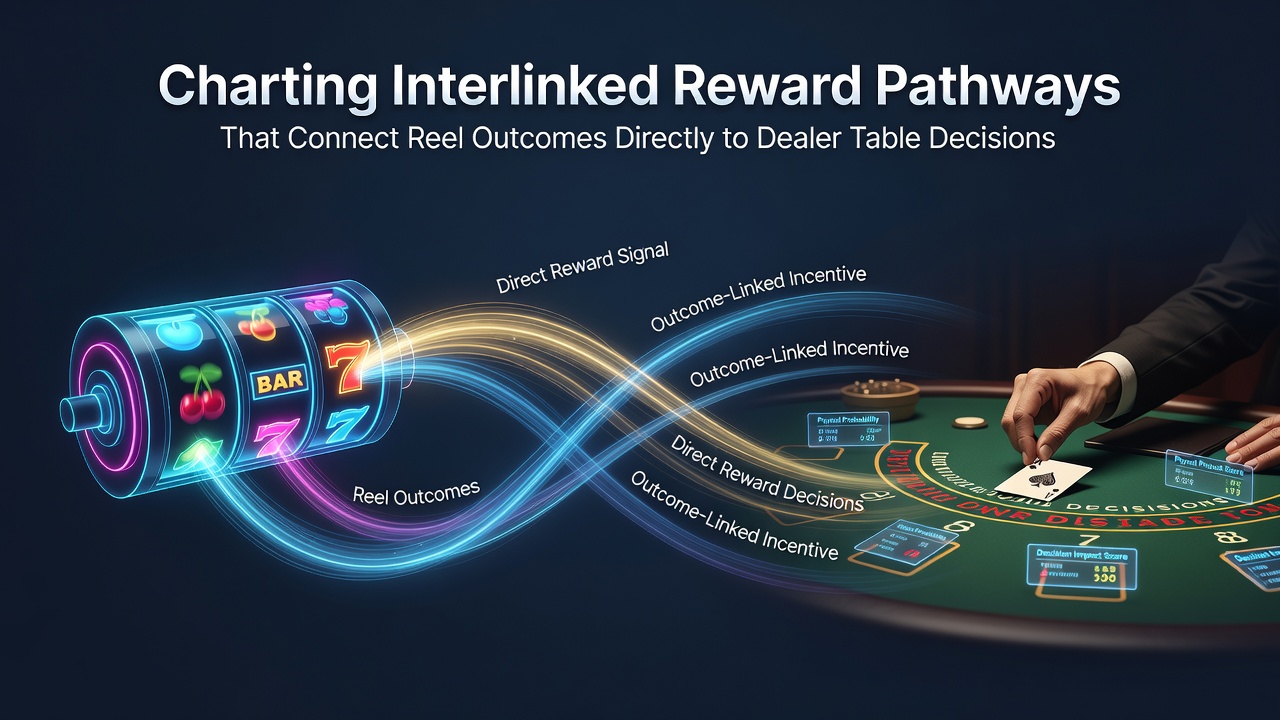 Diagram showing interconnected casino reward pathways from slot reels to table game decisions