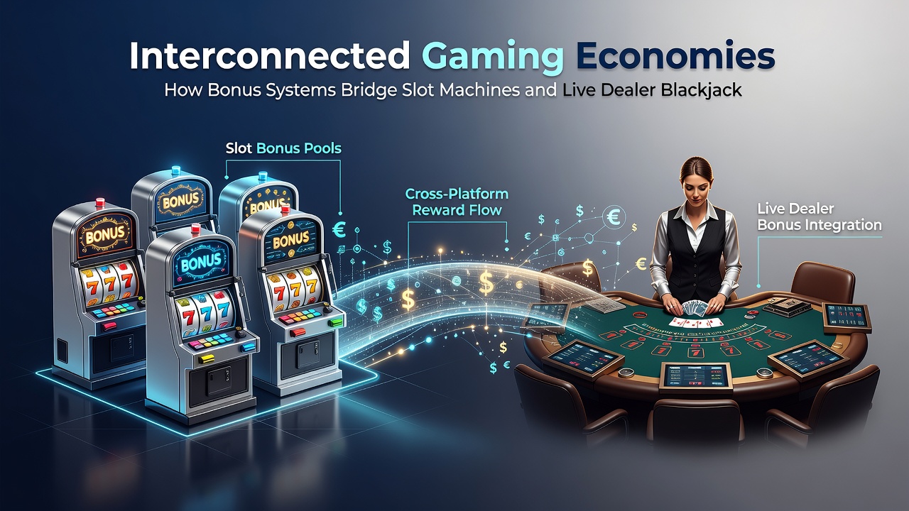 Diagram illustrating bonus system architecture linking slots to live blackjack across casino platforms