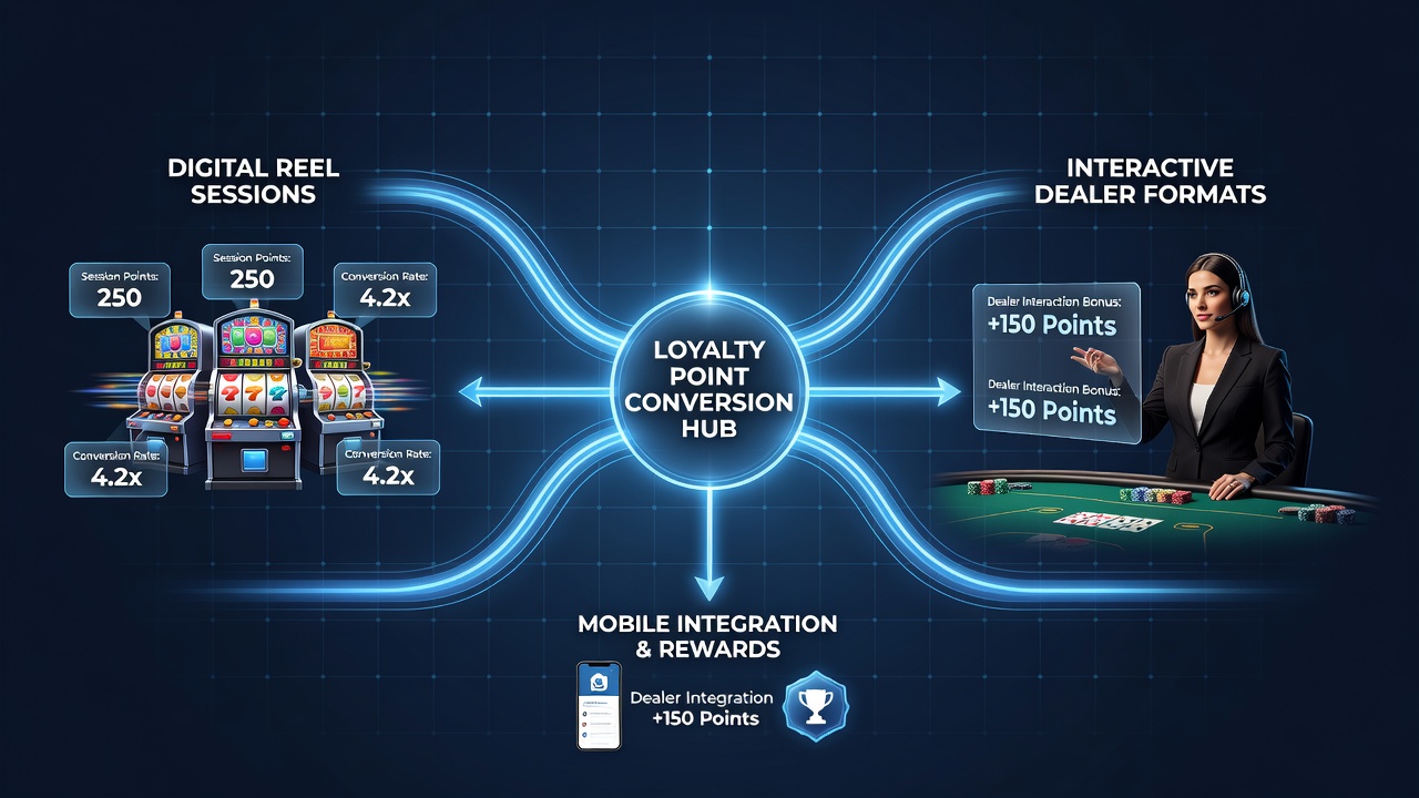 Screenshot of a multi-state casino platform interface displaying loyalty point conversion options between slots and live dealer tables
