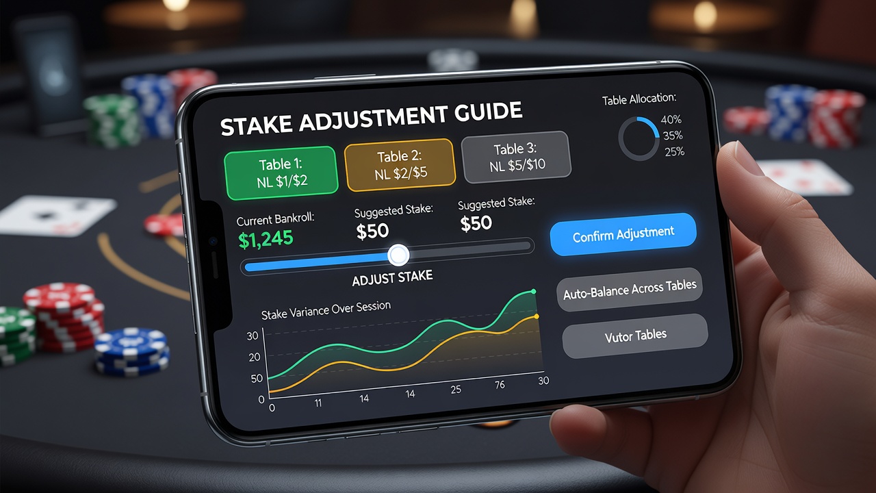 Close-up of mobile multi-table view showing color-coded stake indicators and swipe gesture controls