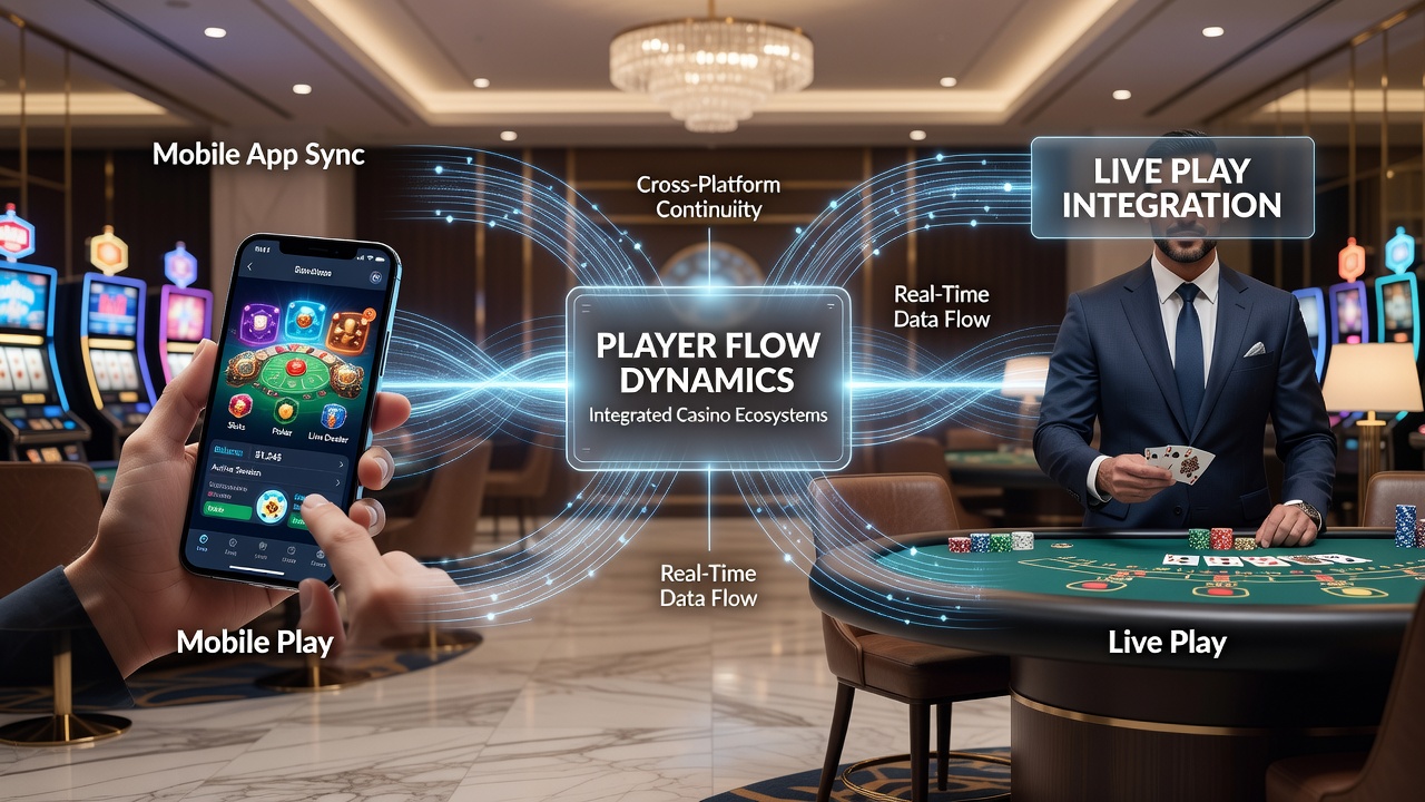 Analytics dashboard displaying real-time player flow metrics between mobile and live casino segments