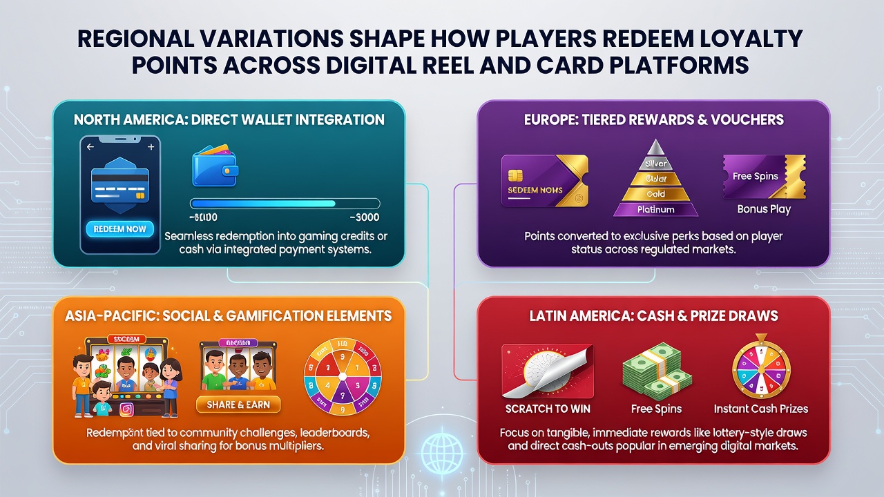 Diverse regional interfaces displaying loyalty point redemption options on digital gaming platforms
