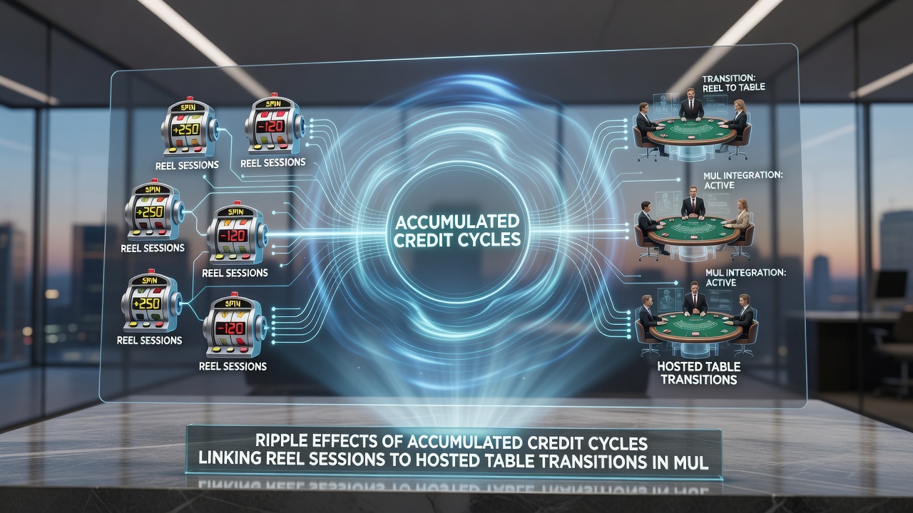 Diagram illustrating credit cycle movement from slot reels through table game interfaces in unified casino systems