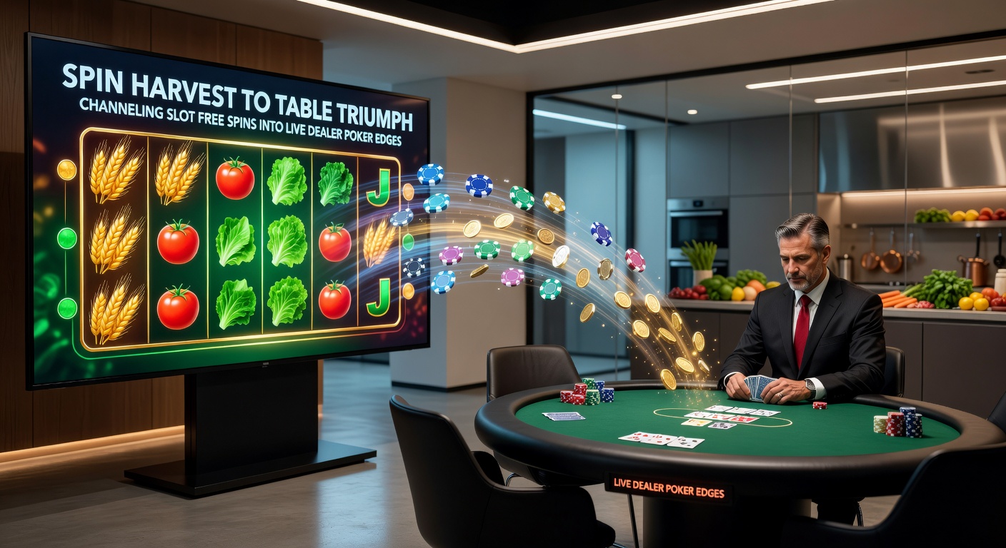 Vibrant slot machine reels spinning with free spin bonuses transitioning to a live dealer poker table setup