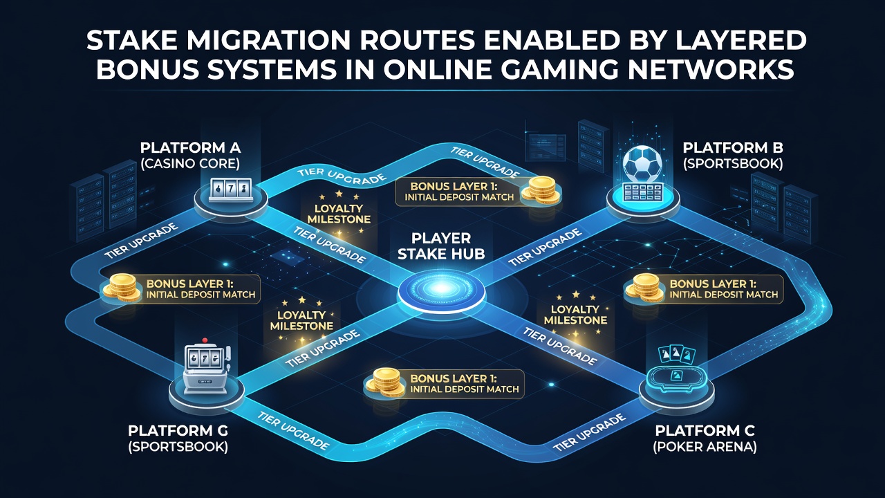 Illustration of stake migration routes between slot and table game sections in networked casinos