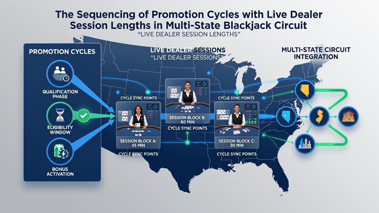 Illustration of synchronized promotion phases mapped against live blackjack session timelines in connected state circuits