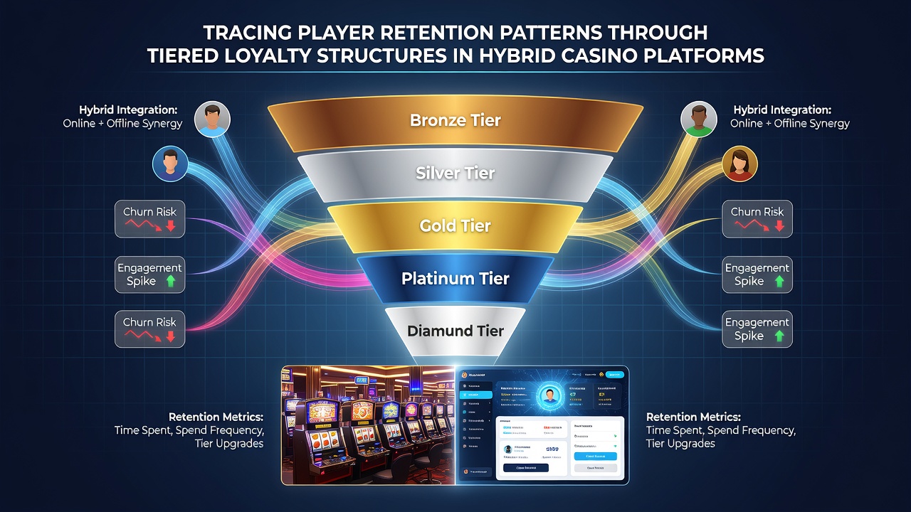 Analytics chart displaying retention rates by loyalty tier in hybrid casino environments over a 12-month period